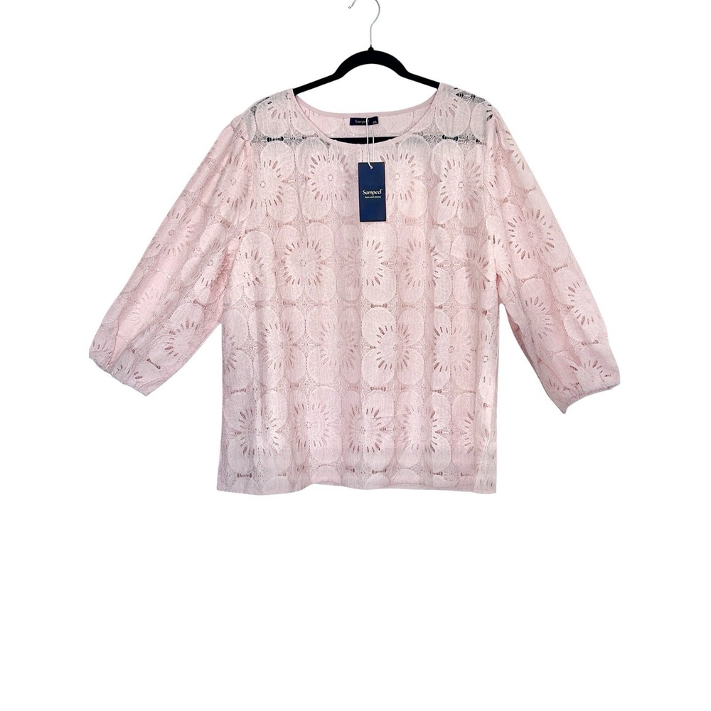 Sampeel Eyelet Lace 3/4 Sleeve Blouse Women 2XL Pink Floral Cottagecore Feminine